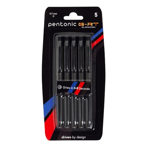 Pentonic G-RT Retractable Gel Pens, 5 Count, Black Ink, 0.7 mm Fine Point Tip, Ergonomic Grip, Smooth Writing For Journaling, Pens for School & the Office (1016846) - color: Black