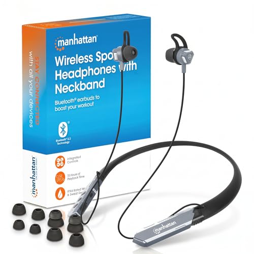 MANHATTAN Bluetooth Wireless Neckband Headphones — Work Earbud Earphones with 15H Playtime, Noise-Isolating, IPX4 Water Resistant, Built-in Mic – for Work, Music, Calls (Black/Space Gray) - color: Black/Space Gray