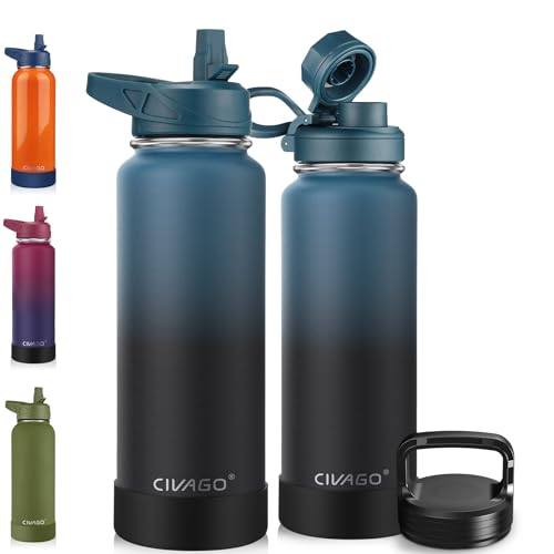 CIVAGO 40 oz Insulated Water Bottle With Straw, Stainless Steel Sports Water Cup Flask with 3 Lids (Straw, Spout and Handle Lid), Double Walled Travel Thermal Canteen Mug, Indigo Black - color: .Indigo Black, size: 40 Ounces