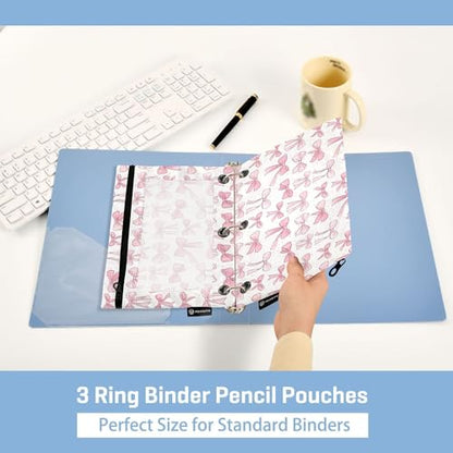 Wamika Cute Bowknot White Binder Pouches 3 Ring for Boys Girls School Office College Supplies Pink Ribbon Bow and Stars Pencil Pouches Case Bag with Clear Window and Zipper 2 pack - color: Bowknot