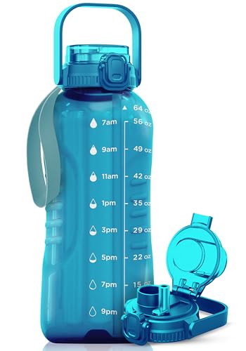 AQUAFIT 64 oz Water Bottle with Handle, 2in1 Lid | BPA Free Half Gallon Water Bottle with 2in1 Straw and Chug Lid - Leakproof Gym Water Bottle with Time Marker (Aqua) - color: Aqua