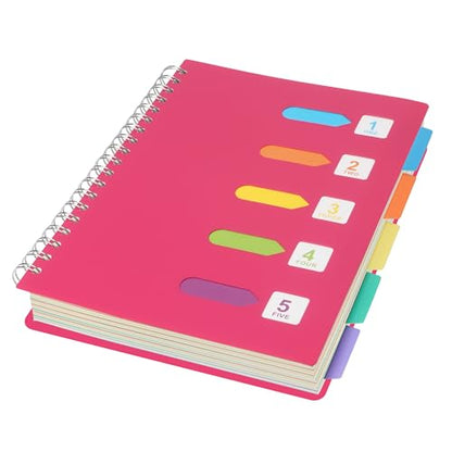 5 Subject Notebook College Ruled Spiral Notebook 7x10 Inch Hardcover Notebook with Divider Tabs 240 Pages Small Notebook for Work B5 Spiral Notebook College Ruled Notebook for Note Taking School,Red - color: Pink