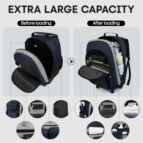 20" 2-in-1 Rolling Backpack,Backpack for Travel w/Wheels | Trolley Suitcase w/Telescopic Handle,Lightweight,Durable, Travel-Friendly, Unisex,2560-20''-Blue - color: JH-2560-Blue-20