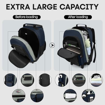 20" 2-in-1 Rolling Backpack,Backpack for Travel w/Wheels | Trolley Suitcase w/Telescopic Handle,Lightweight,Durable, Travel-Friendly, Unisex,2560-20''-Blue - color: JH-2560-Blue-20