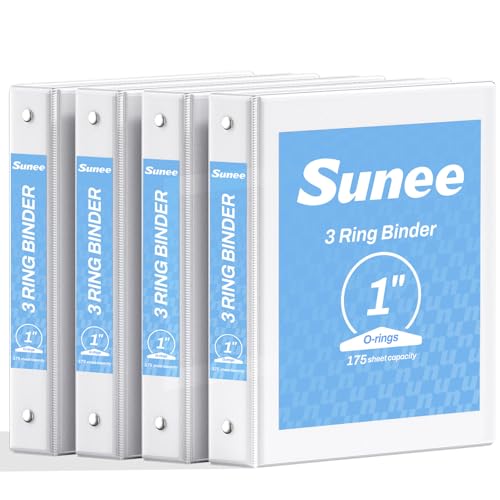 SUNEE 1 Inch Binders 3 Ring 4 Pack, PVC-Free Clear View 1" Binders (Fits 8.5x11 Inches) for School, Office & Home Use, White - color: White, size: 1 Inch, style: 4 Pack
