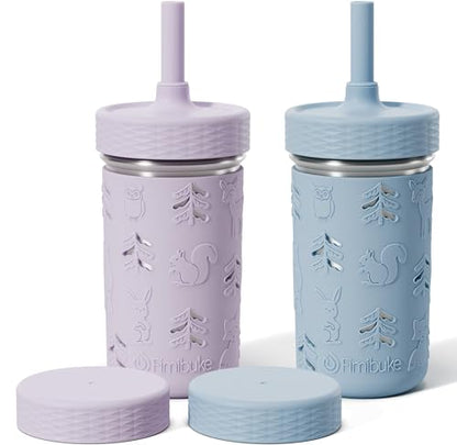 Fimibuke Toddler Cups Spill Proof, 12 OZ Sippy Cups for Kid Girl Boy, Stainless Steel Tumbler with Lid, Removable Silicone Straw & Sleeve, BPA Free Dishwasher Safe Water Bottle Snack Container 2 Pack - color: Purple/Blue, size: 12 Ounces