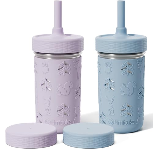 Fimibuke Toddler Cups Spill Proof, 12 OZ Sippy Cups for Kid Girl Boy, Stainless Steel Tumbler with Lid, Removable Silicone Straw & Sleeve, BPA Free Dishwasher Safe Water Bottle Snack Container 2 Pack - color: Purple/Blue, size: 12 Ounces