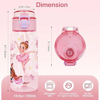 Tritan Kids Water Bottle for School, 18.6 oz Leakproof 2-in-1 Toddler Water Bottle with a Pop-up Detachbale Straw, Dishwasher Safe (Ballerina) - color: Ballerina