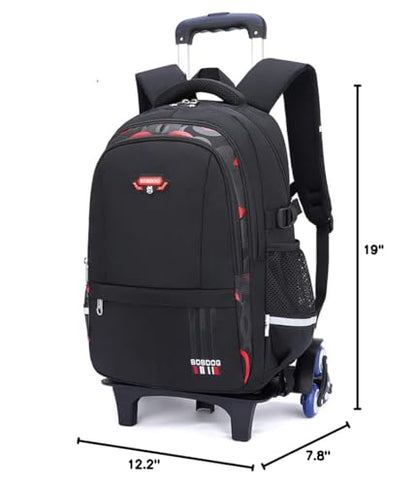 Boys Rolling Backpack Elementary Middle School Students Bookbag with Wheel Teens Trolley Removable Schoolbag - color: B-black&red
