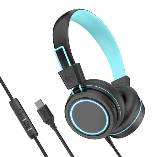 MEE audio KidJamz KJ55 USB-C Headphones for Kids w/LED Lights, Volume Limiter, Microphone On-Ear Wired Children's Headset for iPhone 15/16/17, iPad, Other USB Type C Devices (Plain Black) - color: Plain Black, style: USB-C Standard