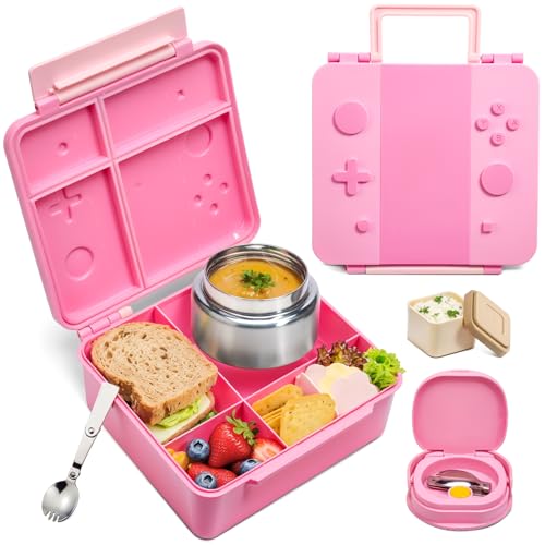 Game Bento Box for Kids, Lunch Box with Thermo(9oz Food Jar), Folding Spoon, Removable Divider & Sauce Cup, Lunch Box Kids for School,Travel, BPA-Free & Realistic Shape (Pink) - color: Pink
