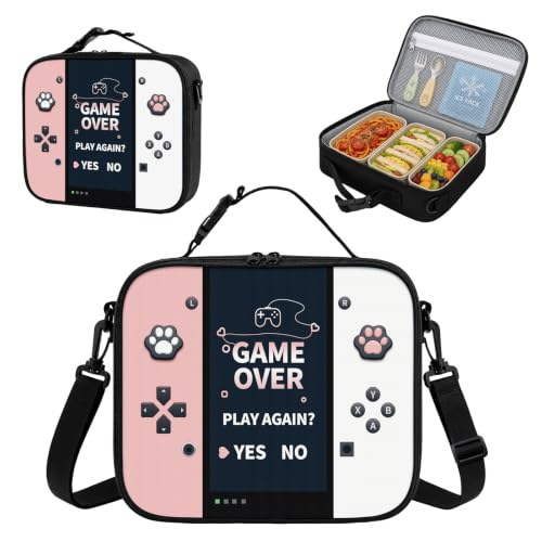 Game Console Insulated Lunch Bag lonchera for Teen Boys Girls Kids, Reusable Large Capacity Gamer Lunch Box with name tag, Adjustable Strap for School Office Picnic, Portable Waterproof Leakproof - color: Pink