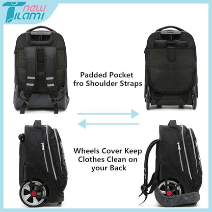 NEW TILAMI 19 inch Rolling Backpack Teens Rolling Backpack Cute Wheeled Laptop Backpack Bookbag Roller Travel Bag College, Skate Board - color: Black Skate Board