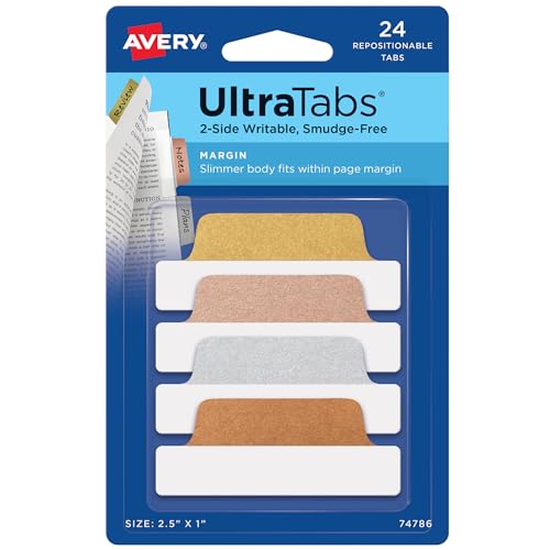 Avery Margin Ultra Tabs, 2.5" x 1", 2-Side Writable, Assorted Metallic, 24 Repositionable Page Tabs (74786) - color: Assorted Metallic, style: 24 tabs