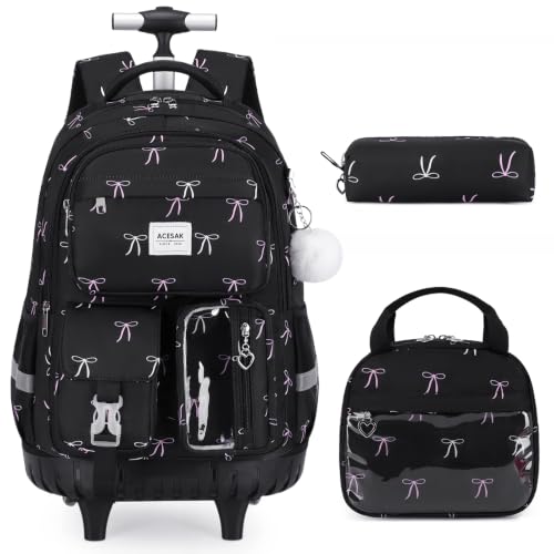 ACESAK Rolling Backpack for Girls, Roller Backpack with Lunch Bag & Pencil Pouch for Teen Girls Kids, Bookbag Backpack with Wheels for Women Elementary Middle High School Travel (Black Bow) - color: Black Bow