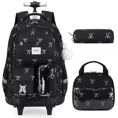ACESAK Rolling Backpack for Girls, Roller Backpack with Lunch Bag & Pencil Pouch for Teen Girls Kids, Bookbag Backpack with Wheels for Women Elementary Middle High School Travel (Black Bow) - color: Black Bow