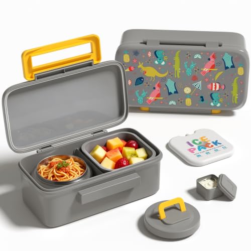 Bento Lunch Box for Kids With 8oz Food Thermo,BPA-Free for School | Lunch Container with 2 Compartments, Insulated Food Jar, Dishwasher Safe, Easy to Clean, Lunch Box for Girls Boys - color: Gray kangaroo1