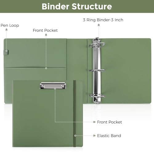SKYDUE 3 Ring Binder 3 Inch D Ringr with Clipboard, PU Heavy Duty Clipboard Binder with Notepad & 5 Dividers with 5 Pockets, Labels, Clipboard Folder Great for School Office - color: Olivegreen, size: Letter Size - 3 Inch