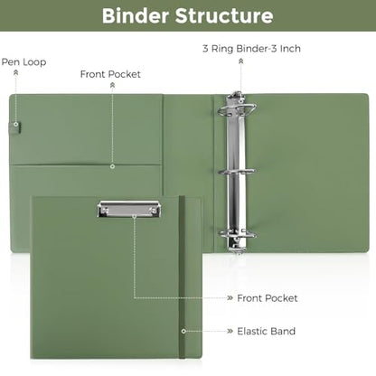 SKYDUE 3 Ring Binder 3 Inch D Ringr with Clipboard, PU Heavy Duty Clipboard Binder with Notepad & 5 Dividers with 5 Pockets, Labels, Clipboard Folder Great for School Office - color: Olivegreen, size: Letter Size - 3 Inch
