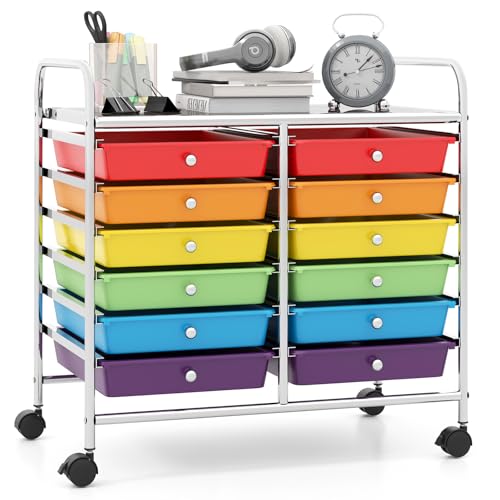Giantex 12 Drawers Rolling Cart, Mobile Storage Drawer Cart, Classroom Organizer Cart for Office School Supplies Tools Scrapbook Paper Craft Small Printer, Utility Cart on Wheels, Multicolor - color: Multicolor, size: 25” x 15” x 24.5”(12 Drawers)