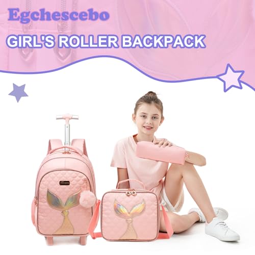 Kids Rolling Backpack for Girls Trolley Suitcases Luggage Travel with Wheels Bookbag Wheeled 17" 3PCS Roller Backpacks Toddler Back Pack School Bags Set for Elementary Mermaids Pink - color: 5225-yuweiba-pink