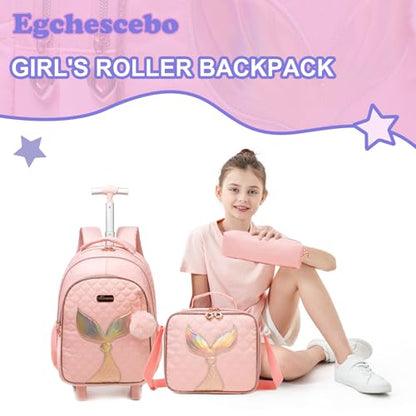Kids Rolling Backpack for Girls Trolley Suitcases Luggage Travel with Wheels Bookbag Wheeled 17" 3PCS Roller Backpacks Toddler Back Pack School Bags Set for Elementary Mermaids Pink - color: 5225-yuweiba-pink