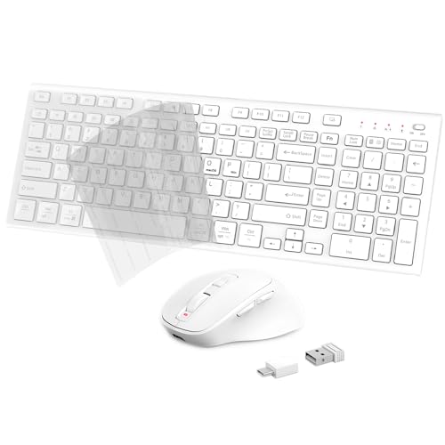FENIFOX Wireless Keyboard and Mouse, Rechargeable USB C Combo Silent Quiet Compact Full Size Flat with Number Pad Soft Cover for Mac MacBook iMac Windows PC Laptop Computer Office - White - color: White