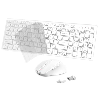 FENIFOX Wireless Keyboard and Mouse, Rechargeable USB C Combo Silent Quiet Compact Full Size Flat with Number Pad Soft Cover for Mac MacBook iMac Windows PC Laptop Computer Office - White - color: White