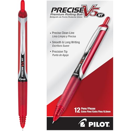 Pilot Precise V5 RT Refillable & Retractable Rollerball Pens, Extra Fine Point Pens 0.5 mm, Red, Pack of 12 - Ideal for School, Journaling & Office Writing - color: Red, size: 12 Count (Pack of 1)