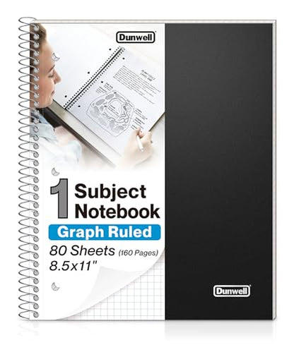Dunwell Graph Paper Notebook 8.5 x 11, Plastic Cover, 80 Sheets, 4x4 Ruled, 1 Subject Spiral 1/4 Inch Grid Graphing Notebook, Divider with Pockets, Perforated Pages, 3-Hole Punched - size: 8.5x11", style: Graph Ruled