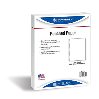 PrintWorks Professional GBC 19 Hole Comb Binding Pre-Punched Paper - Book Binding Printer Paper - Made in the USA - 500 Sheets - 8.5" x 11" - 24 lb - 92 Bright White (04329) - size: 24 lb, style: GBC, 19-Hole