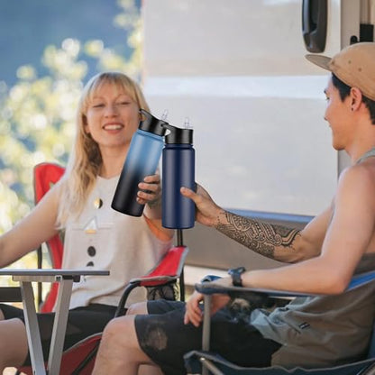24 oz Insulated Water Bottle with Straw Lid & Wide Mouth Lids, Stainless Steel Sports Water Bottles, Double Walled Vacuum, Leak Proof, Blue Black Gradient - color: Navy Blue, size: 24 Ounces