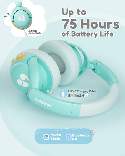 awatrue Kids Bluetooth Headphones, 85dB Volume Limiter, Foldable Wireless Over-Ear Headphones for iPad, Travel, 75H Playtime, Bluetooth 5.4, Built-in Mic, Green - color: Green