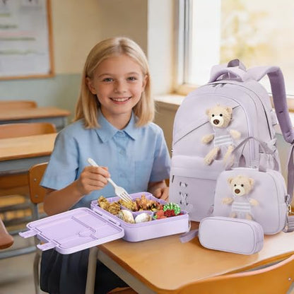 ACESAK Backpack for Girls with Bento Box - 4 PCS Cute Girls Backpack with Lunch Box, Pencil Case & Bento Box Set - 43oz Leakproof Lunch Box Kids Snack Containers Set Back to School Supplies (Purple) - color: Purple