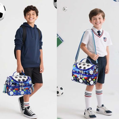 RHCPFOVR Kids Lunch Bag - Double Decker Cooler Insulated Lunch Box for Boys Girls Washable Lunch Bag and Reusable Toddler Lunchbox for School and Daycare - color: Blue Football