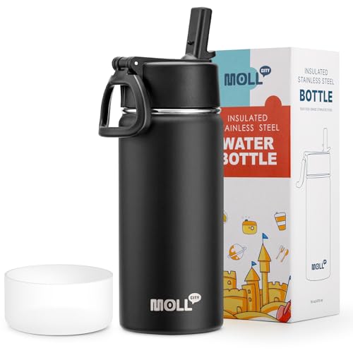 Kids Water Bottle with Straw-16 oz Stainless Steel Double Wall Vacuum Insulated Wide Mouth Water Bottle for Bakc School, Travel Leak-Proof Metal Water Flask (Black) - color: Black, size: 16 Ounces