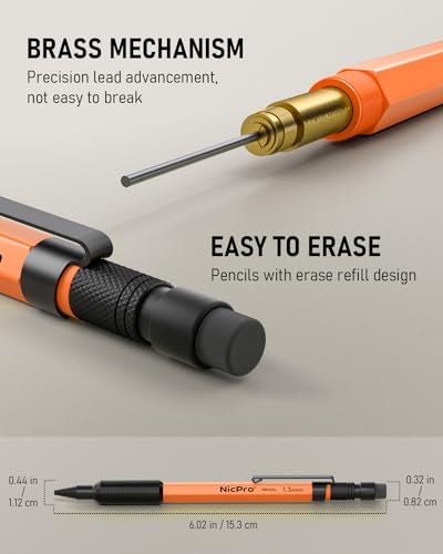 Nicpro 3 PCS 1.3 mm Orange Mechanical Pencils Set with 66 Lead Refill, 3 Eraser - Weatherproof Metal Barrel, Heavy Duty Carpenter Pencil MP2000 for Outdoor Marking Drafting Drawing Woodworking - style: 3 Pack (Orange)