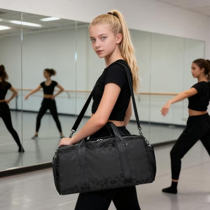 Jumpopack Dance Bag for Girls Duffle Bag Girls Overnight Bags Sleepover Gym Gymnastics Bags with Shoe Compartment and Wet Pocket,Leopard Shape - color: Leopard Black