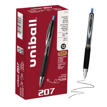 uniball™ 207 Gel Pens, Blue Ink, 0.5mm Micro Point, Retractable, 12 Count, Smooth Writing, Fraud-Resistant, uni Super Ink™ - color: Blue, size: 12 Count (1 Pack), style: Micro