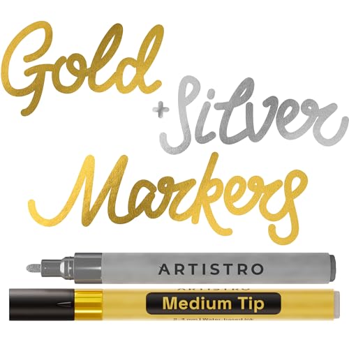 ARTISTRO 2 Gold & Silver Acrylic Paint Markers - 3mm Medium-Tip Paint Pens - Perfect for Crafting, Art Projects, & More - color: Gold & Silver, style: Medium