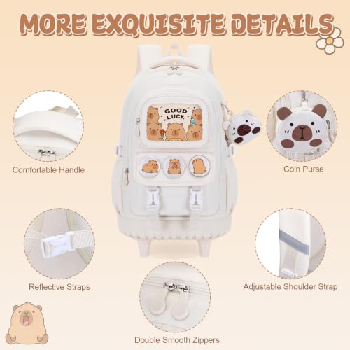 Capybara Rolling Backpack for Girls - 3PCS Girls Backpack Kids Suitcase with Lunch Box & Pencil Case Travel - Capybara Backpack with Wheels for Kindergarten Preschool Elementary (Beige) - color: Beige