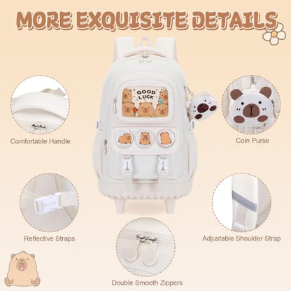 Capybara Rolling Backpack for Girls - 3PCS Girls Backpack Kids Suitcase with Lunch Box & Pencil Case Travel - Capybara Backpack with Wheels for Kindergarten Preschool Elementary (Beige) - color: Beige