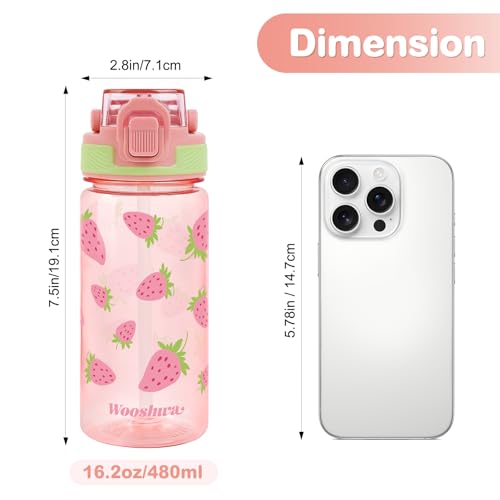 Kids Water Bottle for School, 16 Oz Plastic Straw Water Bottle with Silicone Spout and Leakproof Cover, Dishwasher Safe (Strawberry) - color: Strawberry, size: 16 Ounces