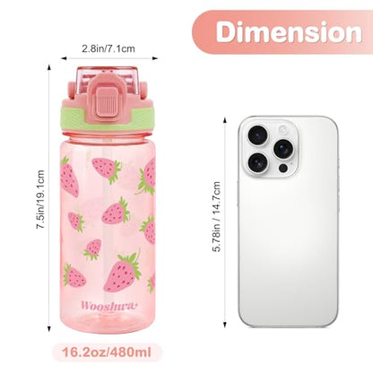 Kids Water Bottle for School, 16 Oz Plastic Straw Water Bottle with Silicone Spout and Leakproof Cover, Dishwasher Safe (Strawberry) - color: Strawberry, size: 16 Ounces