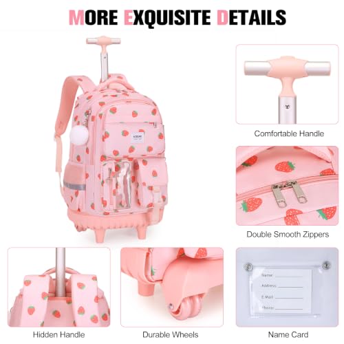 ACESAK Rolling Backpack for Girls, Roller Backpack with Lunch Bag & Pencil Pouch for Teen Girls Kids, Bookbag Backpack with Wheels for Women Elementary Middle High School Travel (Pink Strawberry) - color: Pink Strawberry