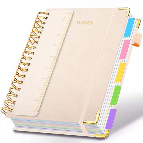 Hardcover Spiral Notebook 8"x10" Journal Notebook with Tabs and Removable Dividers 300 Pages 5 Subject Notebook College Ruled, Faux Leather Spiral Bound Notebook for Women School Work (White) - color: White, size: 8"x10"(B5)