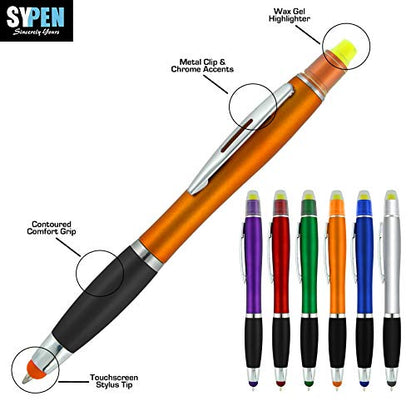 SyPen Bible Highlighter with Pen and Stylus for Touchscreens, 3 in 1 Combo, All Yellow Highlighters, All Black Ballpoint Ink, Wax Gel Highlighters, Multi-Color Barrels, Pack of 6 - size: 1 Count (Pack of 6)