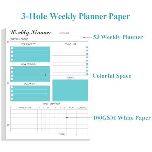 3-Hole Weekly Planner Refills - 53 Sheets/106 Pages Weekly Planner for 3 Ring Binders, 100 gsm White Paper, Lasts 1 Year, Undated, 8.5'' x 11'', Teal - size: 1-Pack, style: 3-Hole