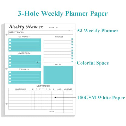 3-Hole Weekly Planner Refills - 53 Sheets/106 Pages Weekly Planner for 3 Ring Binders, 100 gsm White Paper, Lasts 1 Year, Undated, 8.5'' x 11'', Teal - size: 1-Pack, style: 3-Hole