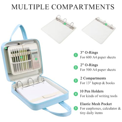 Upgraded Zipper Binder | 3-Inch & 2-Inch O-Rings, 600 Sheet Capacity Trapper Keeper with 13 Inch Laptop Sleeve & Water Bottle Holder, Binder Bag with Multi-Pockets & Shoulder Strap (Blue) - color: Blue